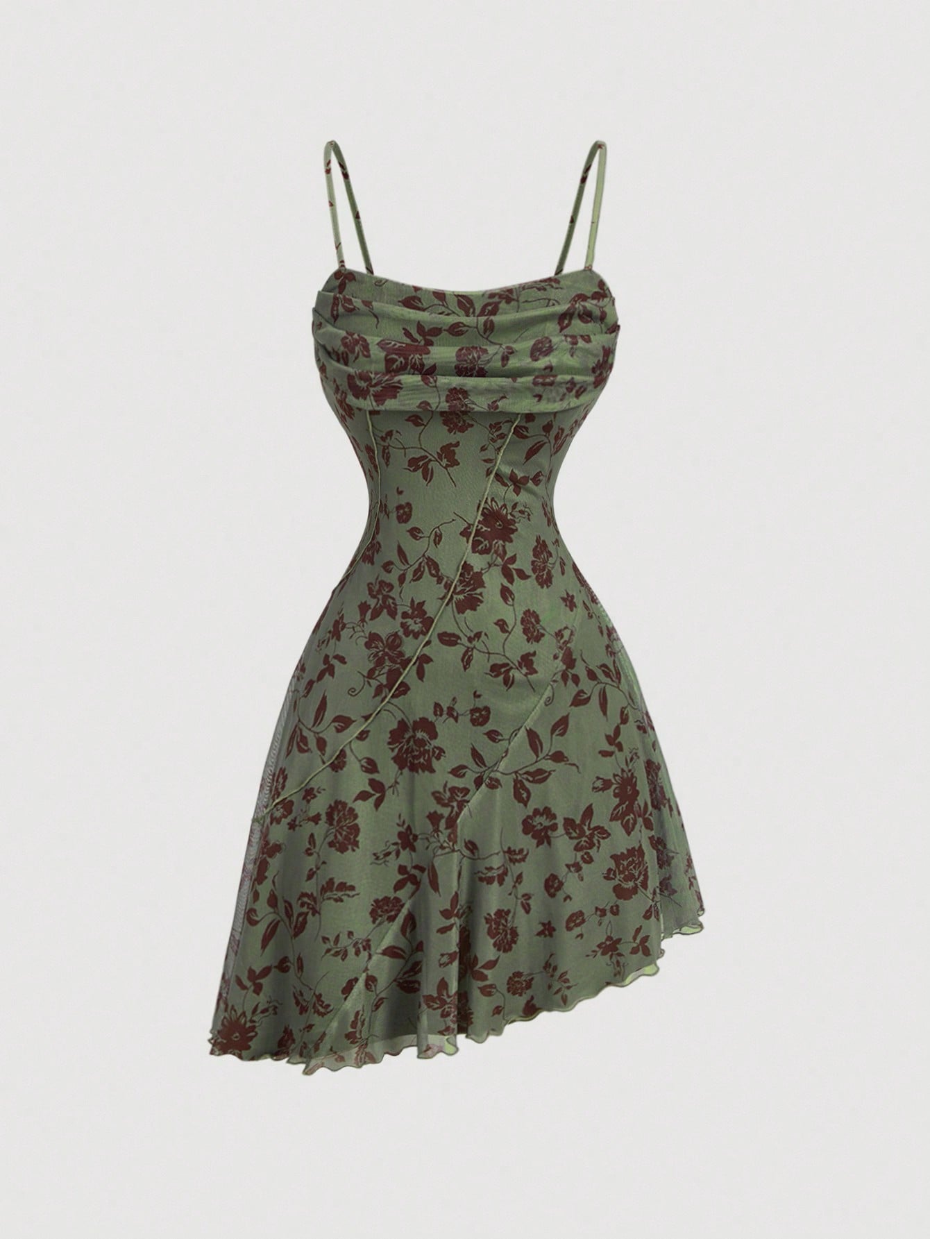 Floral Pattern Short Dress Olive Green Color Single Piece Short Sleeve Design For Daily Styling