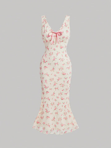 Floral Print Dress Pastel Color Single Piece Sleeveless Flared Hem Design For Daily Styling