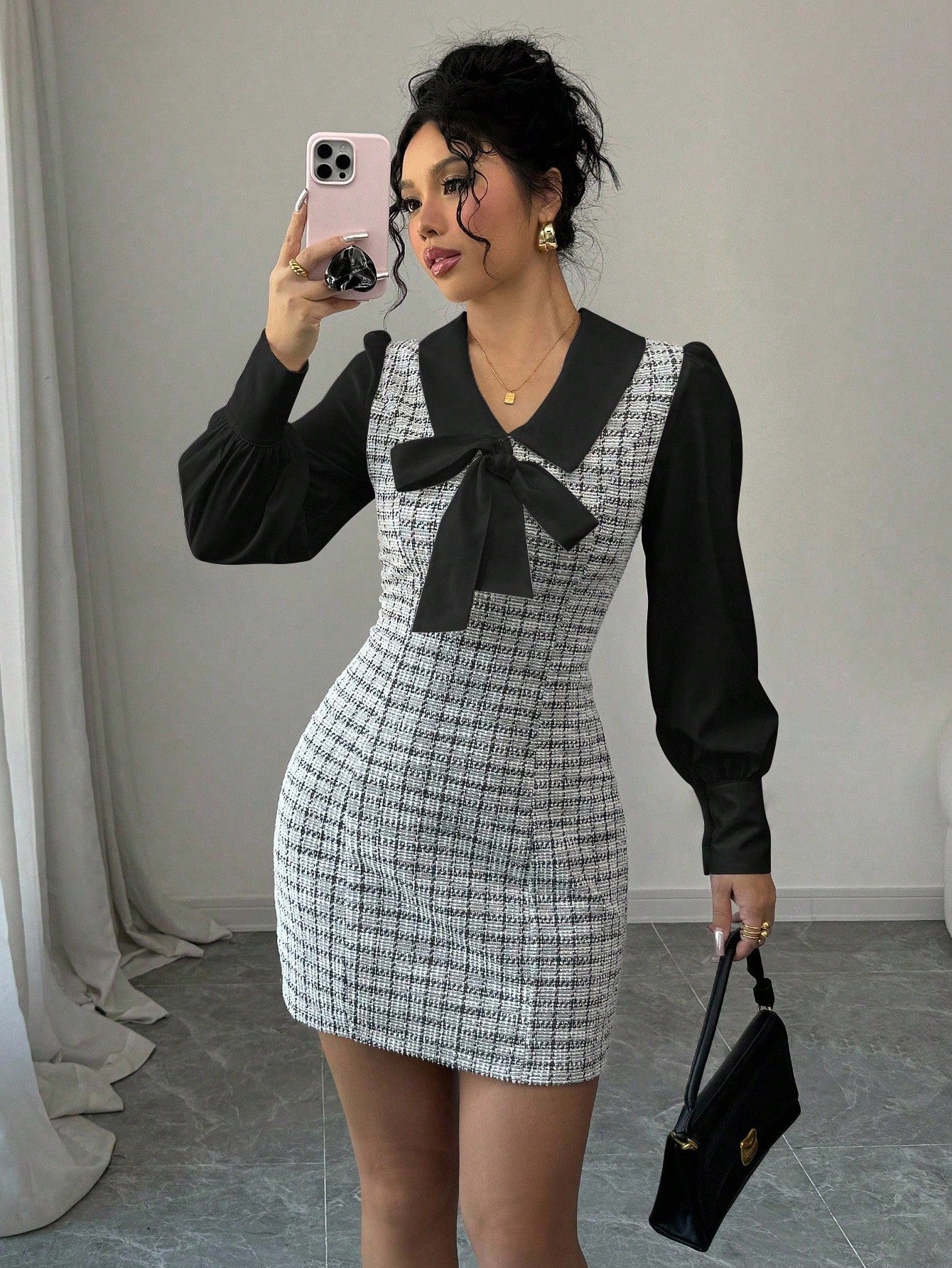 Women’s Woven Fabric Dress, Color Block Patchwork Design, Bow Detail, 2 In 1 Style, 1 Piece, For Autumn Wear