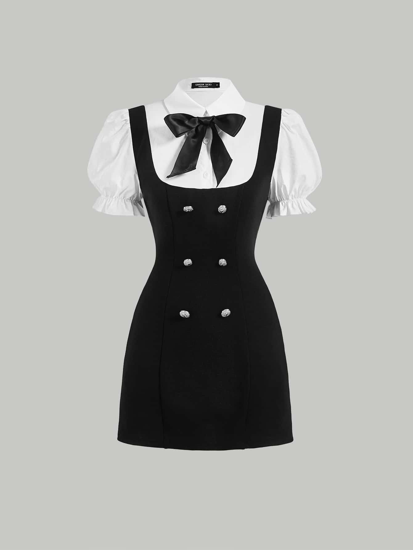 Women’s Woven Fabric Overall Dress, Double Breasted Front, Bow Detail, 2 In 1 Style, 1 Piece, For Daily Wear