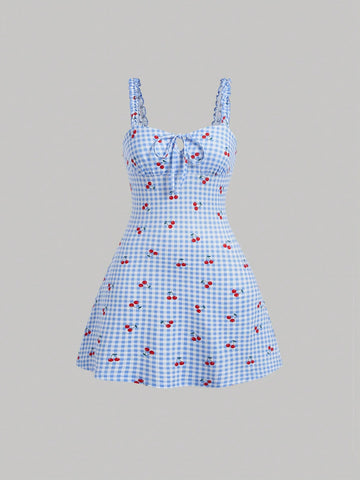Cherry Print Gingham Dress Neutral Color Single Piece Sleeveless Strap Design For Casual Wear