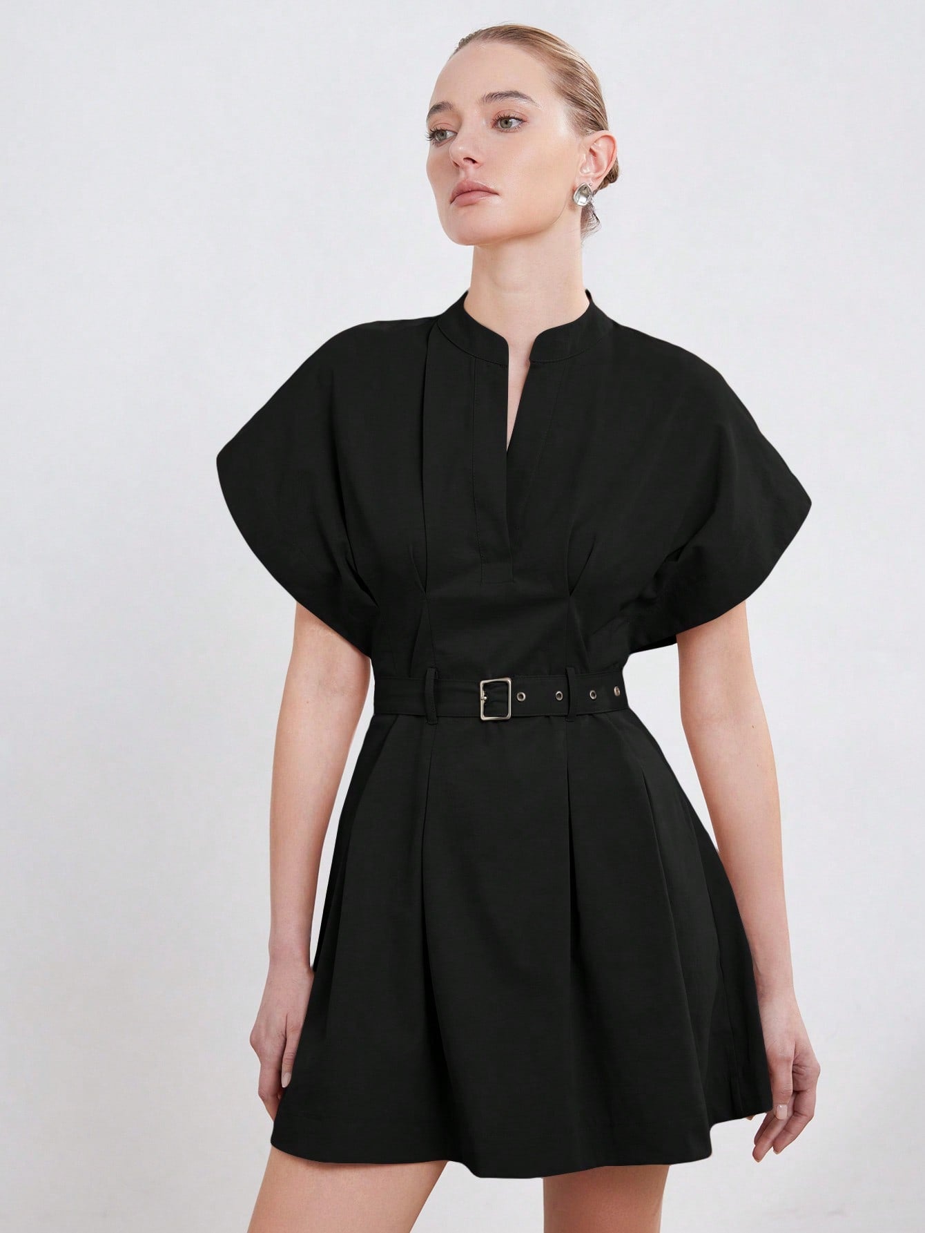 Women’s Woven Fabric A-Line Dress, Stand Collar Round Neck Design, Cap Sleeve Style with Ruched Detail and Belt, 1 Piece, For Commuting and Daily Wear