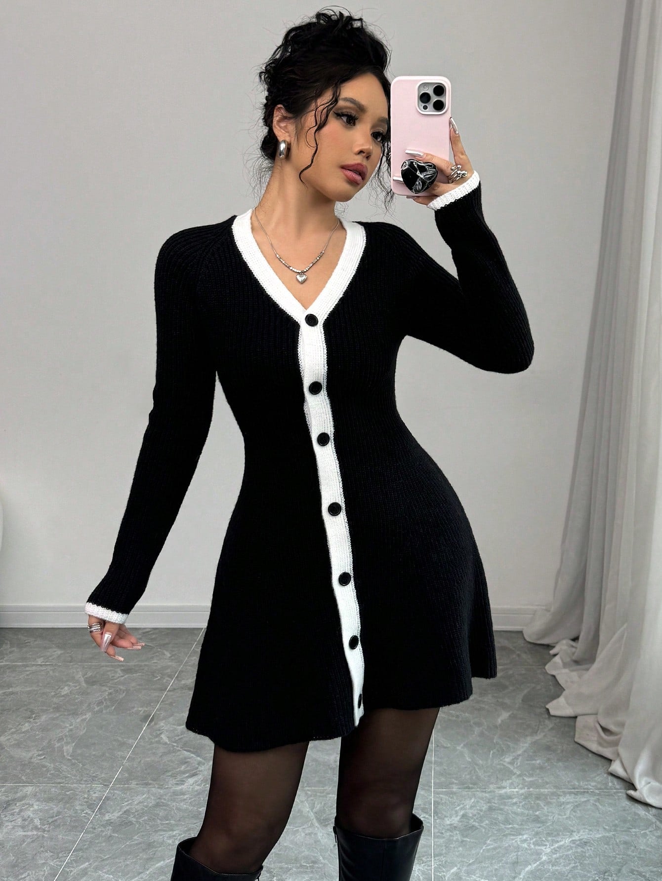 Women’s Knit Fabric A-Line Dress, Long Sleeve Contrast Trim Design, 1 Piece, For Cooler Season Wear