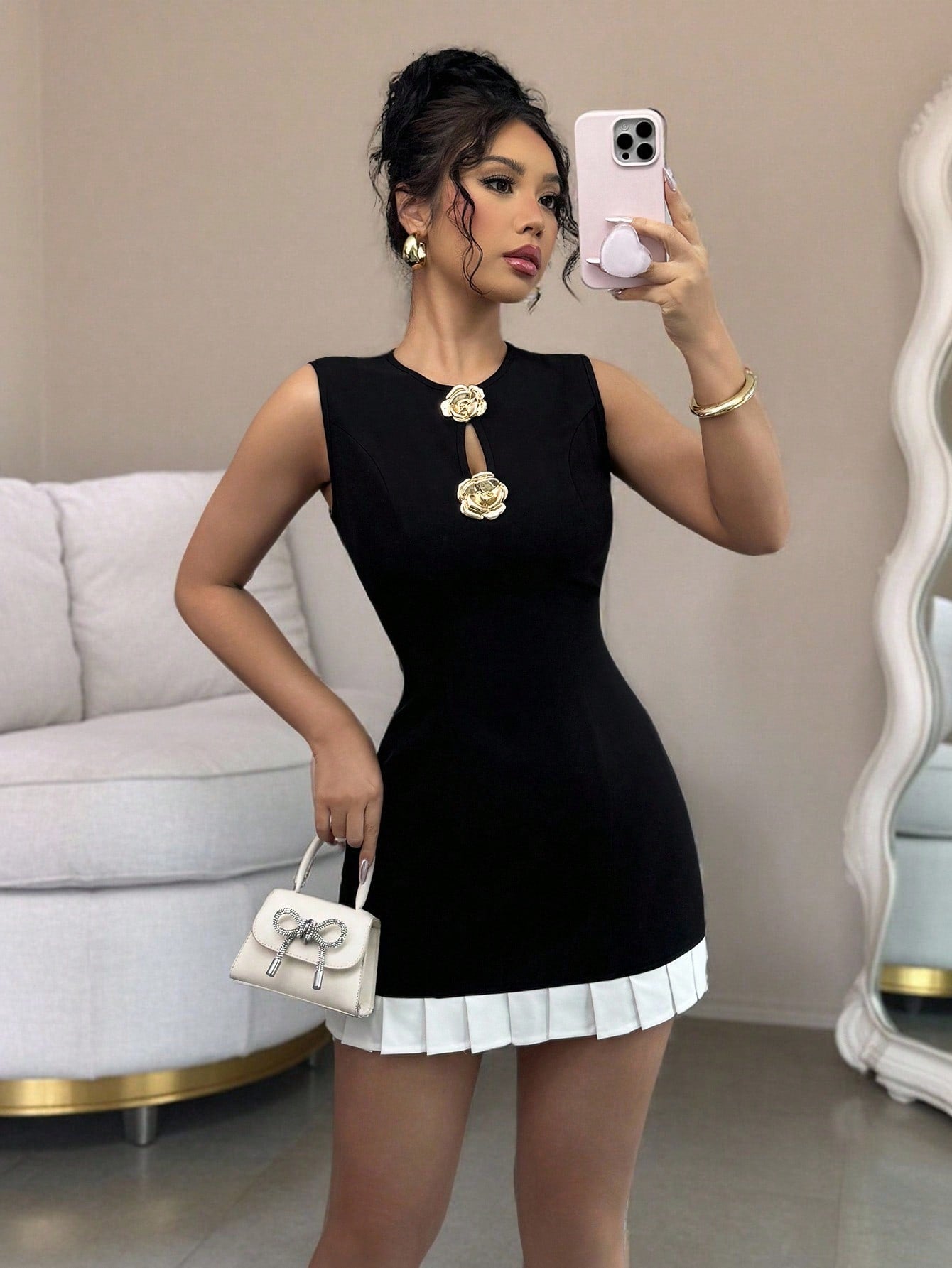 Dress with Metal Buckle Detail and Ruffle Trim Design for Everyday Wear