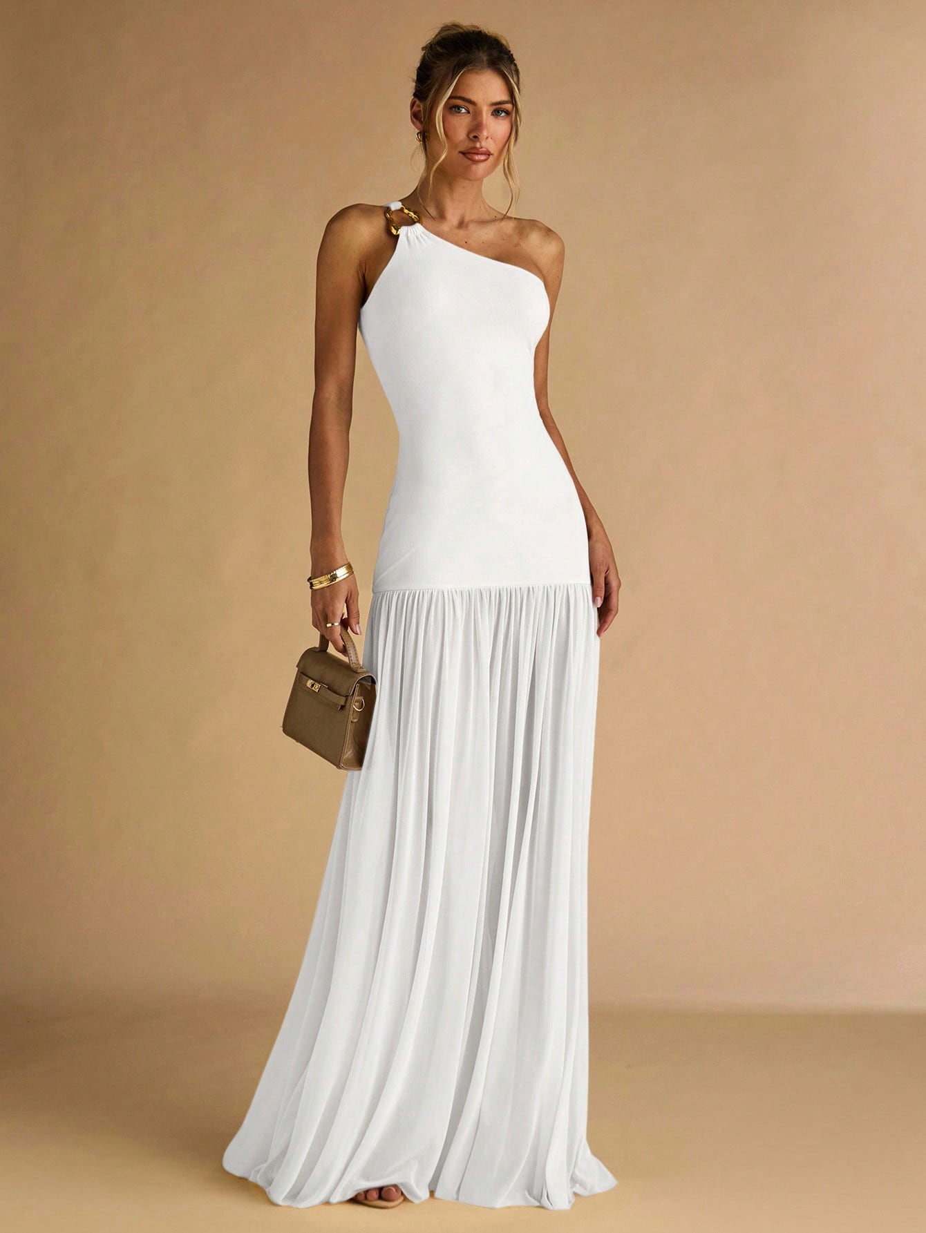 Asymmetric Shoulder Bodycon Dress with Metal Buckle Detail and Sheer Hem for Fall Wedding Guest Occasions