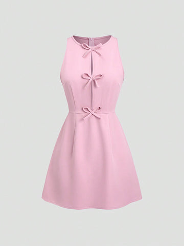 Solid Color Mini Dress Neutral Color Single Piece Bow Detail A Line Design For Daily Styling