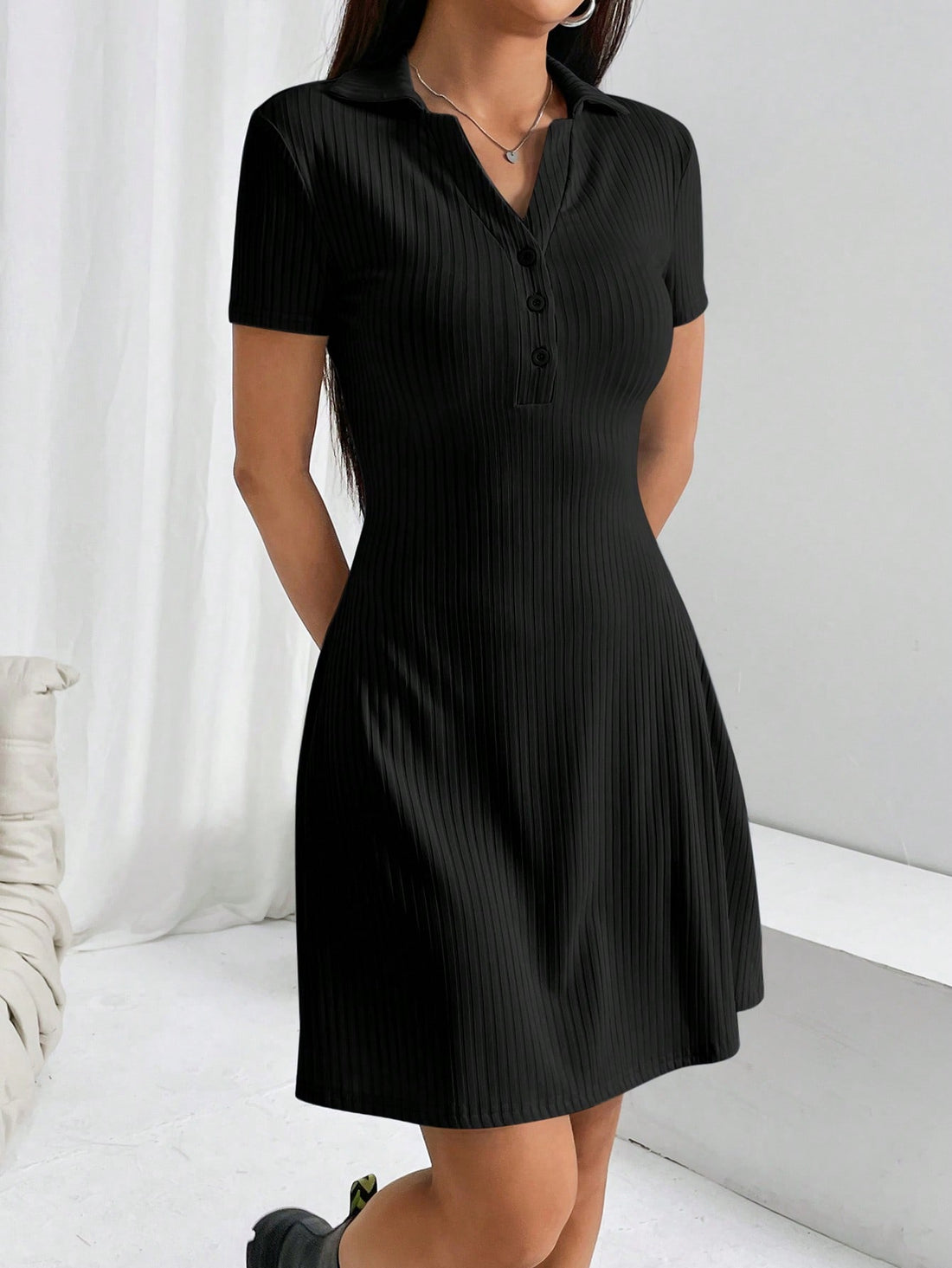 Women’s Woven Fabric Short Sleeve Dress, Polo Collar Design, Solid Pattern, 1 Piece, For Office and Daily Wear
