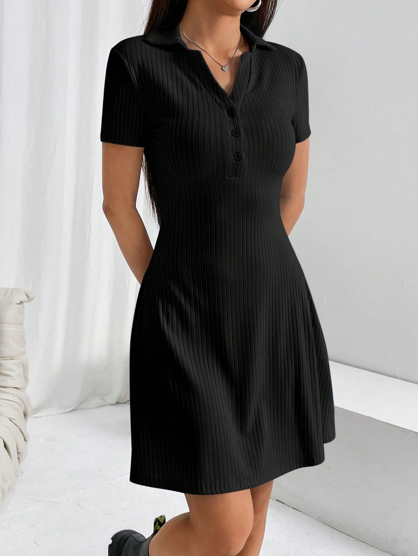 Women’s Woven Fabric Short Sleeve Dress, Polo Collar Design, Solid Pattern, 1 Piece, For Office and Daily Wear
