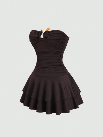 Solid Color Mini Dress Neutral Color Single Piece U Shape Neck Ruffle Detail Design For Daily Styling