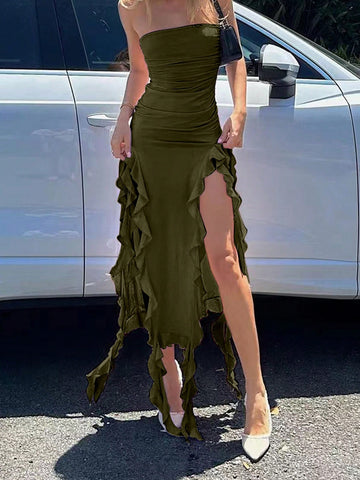 Women’s Solid Color Ruched Tube Dress with Ruffle Trim, Midi Length, Single Piece, For Daily Styling