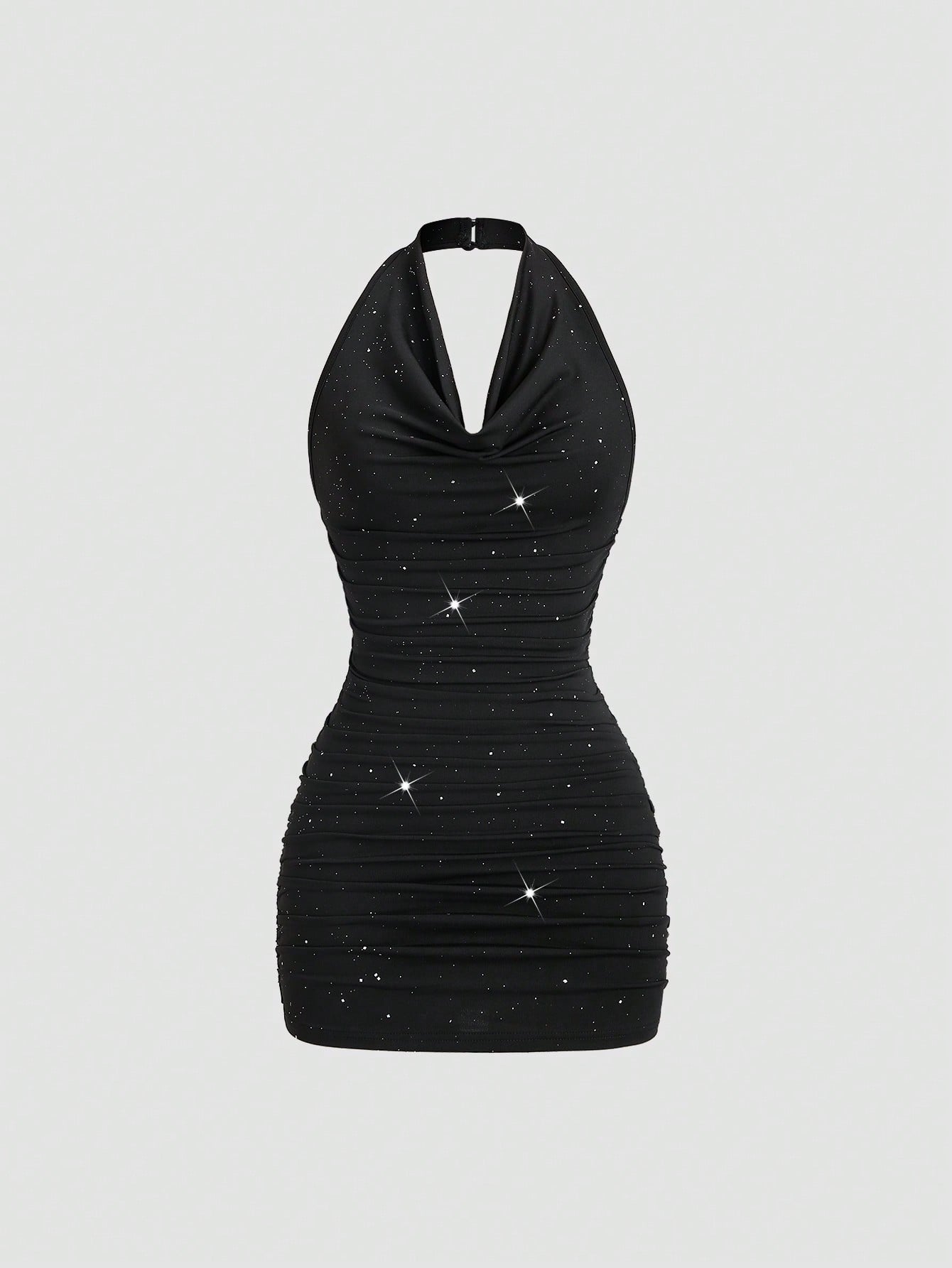 Solid Color Mini Dress Neutral Color Single Piece Draped Neck Pleated Detail Design For General Occasions
