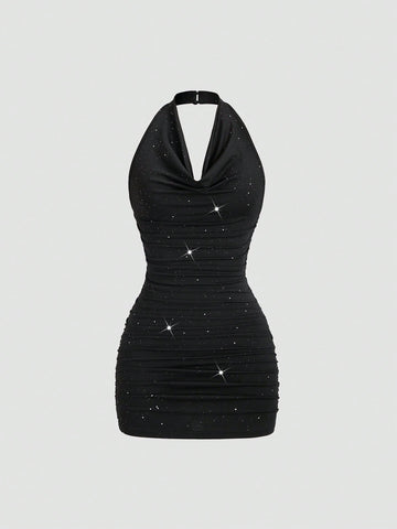 Solid Color Mini Dress Neutral Color Single Piece Draped Neck Pleated Detail Design For General Occasions
