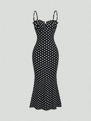 Polka Dot Pattern Dress Black and White Color Single Piece Sleeveless Strap Design For Casual Wear