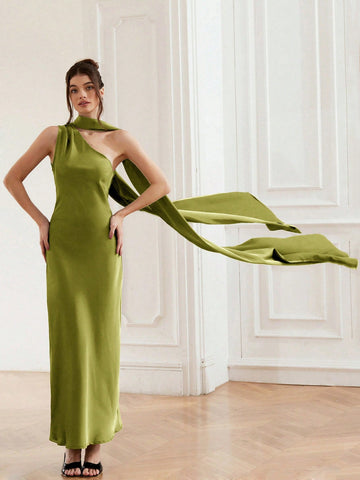 Satin Wrap Collar Sleeveless Oblique Shoulder Dress for Spring and Summer Occasions