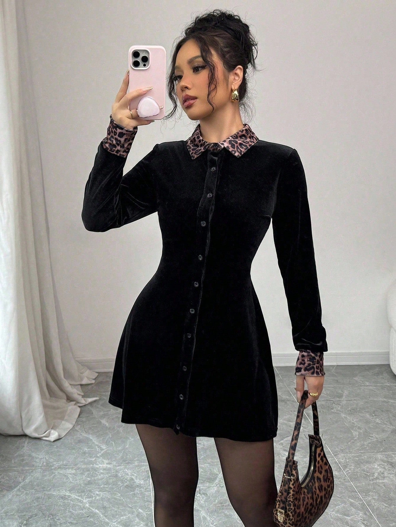 Women’s Woven Fabric Long Sleeve Dress, Patchwork Pattern Design, Front Button Detail, 1 Piece, For Autumn Wear