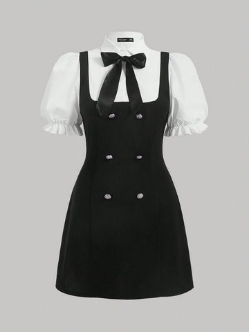 Bow Knot Front Dress with Double Breasted Decorative Detail Two Layer Style for Everyday Wear