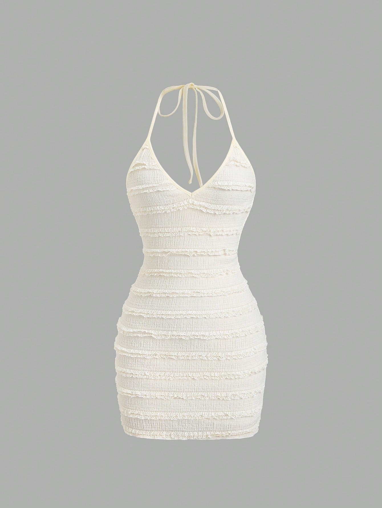 Textured Knit Mini Dress Neutral Color Single Piece Frill Trim Tie Detail Design For Casual Wear