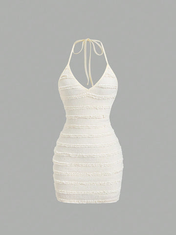 Textured Knit Mini Dress Neutral Color Single Piece Frill Trim Tie Detail Design For Casual Wear