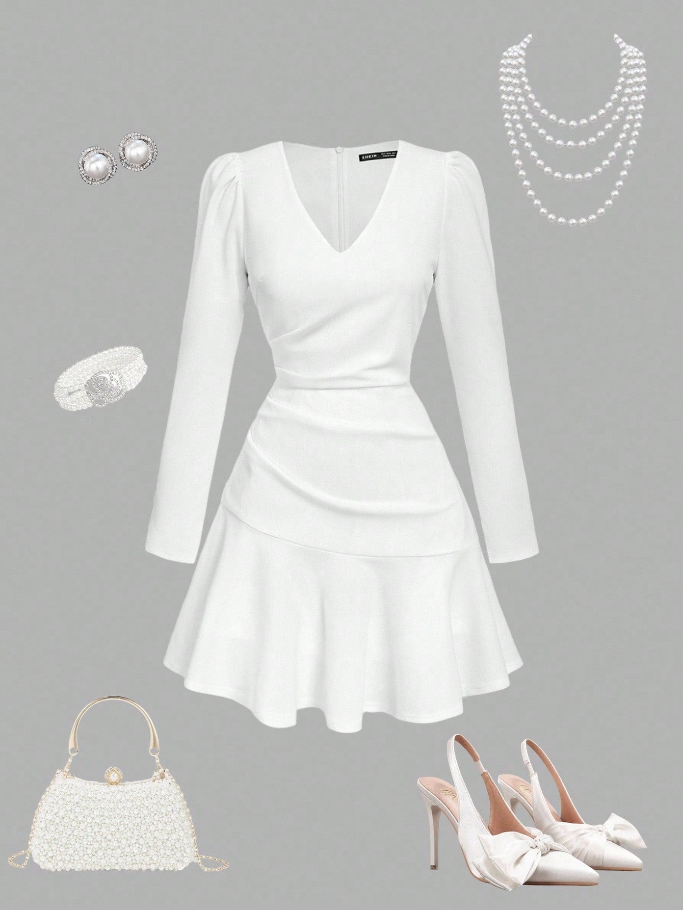White Pleated Long Sleeve Dress with V Neck Design Short Length for Daily Styling