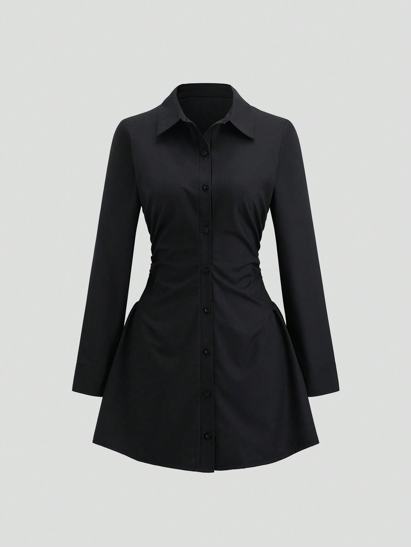 Women’s Woven Fabric Shirt Dress, Long Sleeve Design with Ruched Detail, Solid Pattern, 1 Piece, For Autumn Wear