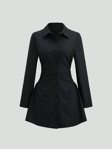 Women’s Woven Fabric Shirt Dress, Long Sleeve Design with Ruched Detail, Solid Pattern, 1 Piece, For Autumn Wear