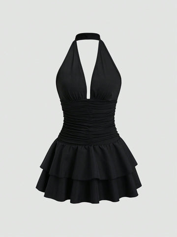 Patchwork Knit and Woven Mini Dress Black Color Single Piece V Neck Ruffle Detail Design For Casual Wear
