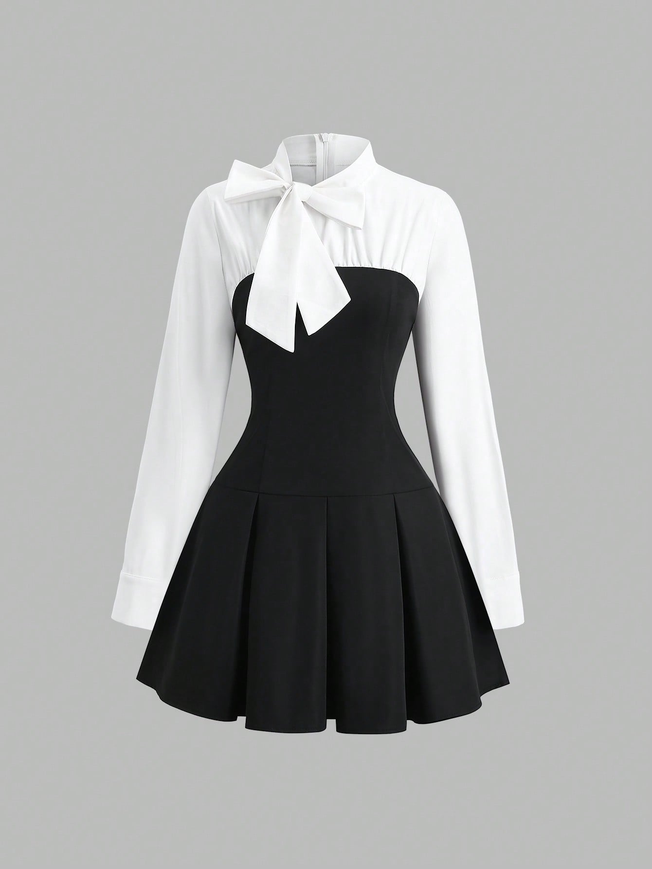 Women’s Woven Fabric Dress, Contrast Collar Design, Bow Detail, Pleated Hem Style, 1 Piece, For Commuting and Daily Wear