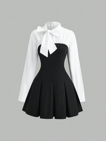 Women’s Woven Fabric Dress, Contrast Collar Design, Bow Detail, Pleated Hem Style, 1 Piece, For Commuting and Daily Wear