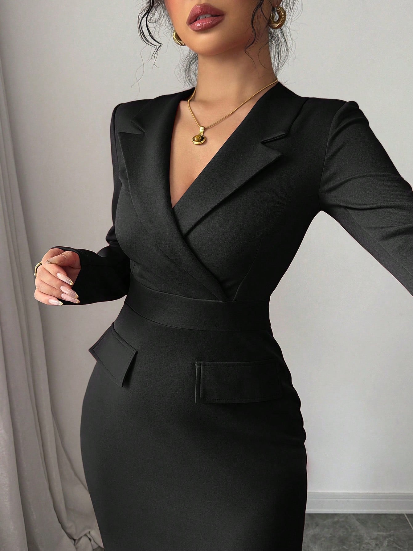 Women’s Woven Fabric Midi Dress, Long Sleeve Lapel Collar, Asymmetrical Hem Design, 1 Piece, For Everyday Wear
