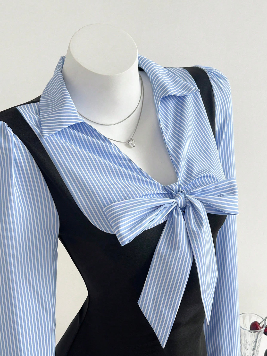 Women’s Woven Fabric Short Dress, Long Sleeve Design with Tie Detail, Color Block Striped Pattern, 1 Piece, For Autumn and Winter Wear