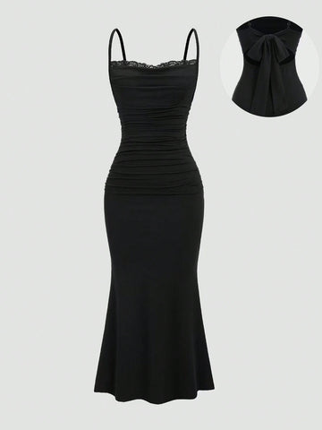 Textured Knit Maxi Dress Black Color Single Piece Ruched Detail Sleeveless Design For General Occasions