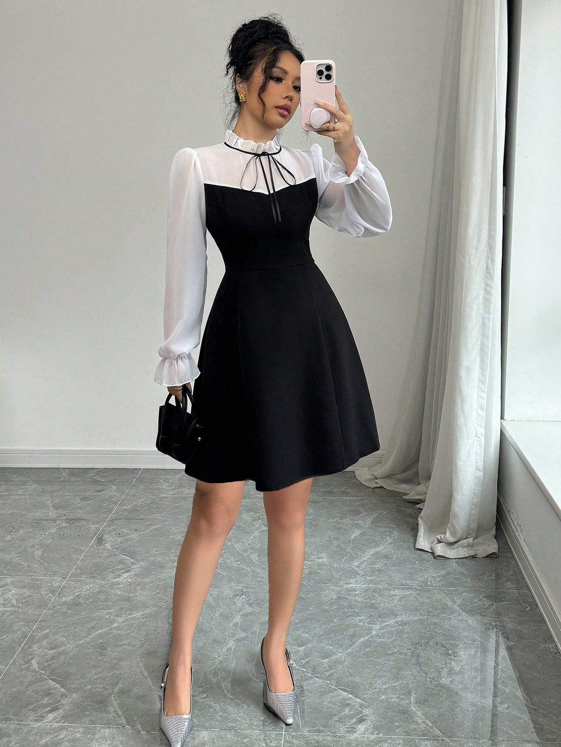 Women’s Woven Fabric Long Sleeve Dress, Stand Collar Tie Detail, Ruffle Hem Design, 1 Piece, For Autumn Wear