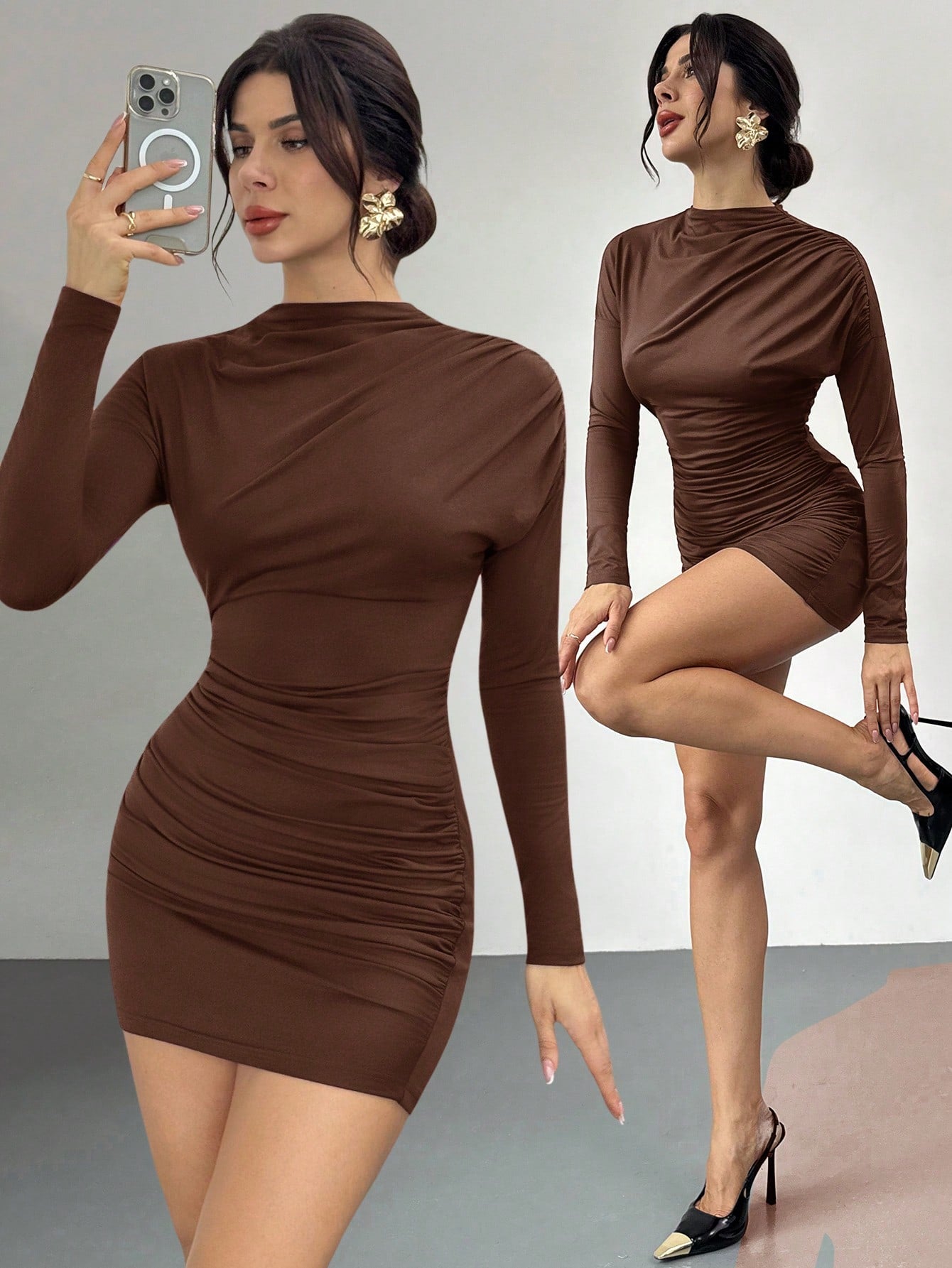Women’s Woven Fabric Mini Dress, Long Sleeve Design with Ruched Detail, Solid Pattern, 1 Piece, For Daily Wear