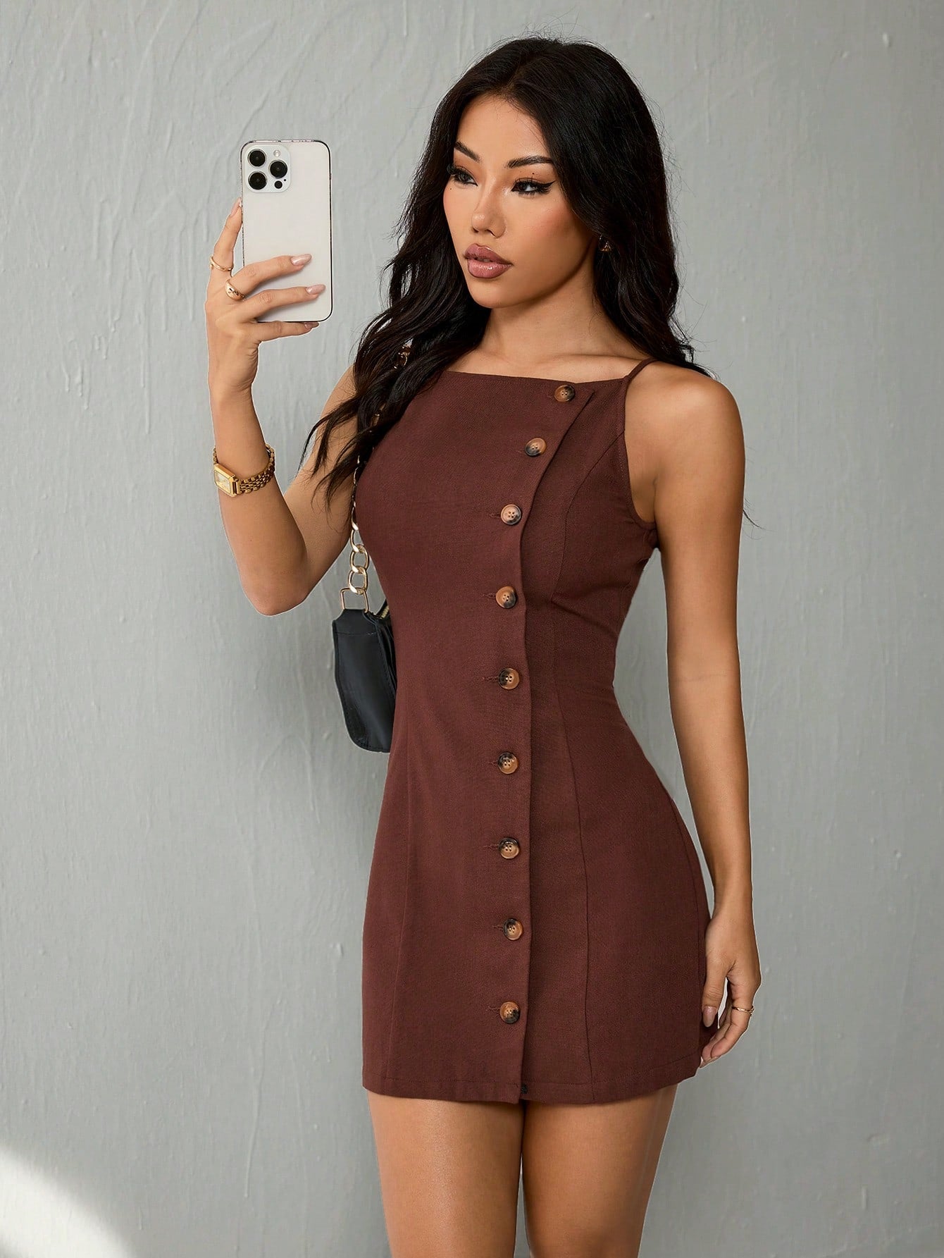 Women’s Woven Fabric Strap Mini Dress, Front Button Design, Solid Pattern, 1 Piece, For Casual and Daily Wear