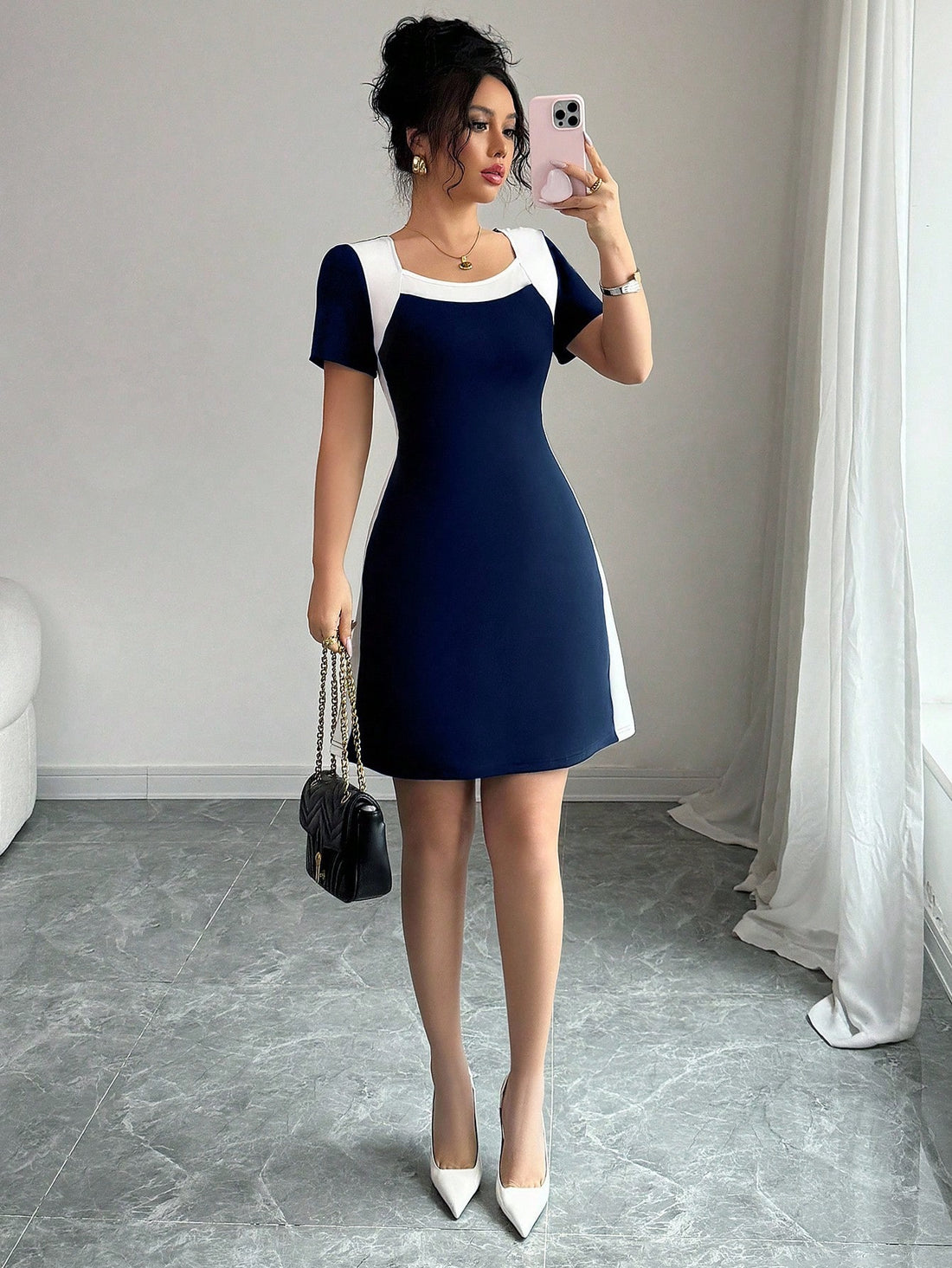 Women’s Woven Fabric Short Sleeve Dress, Square Neck Design, 1 Piece, For Spring and Summer Wear