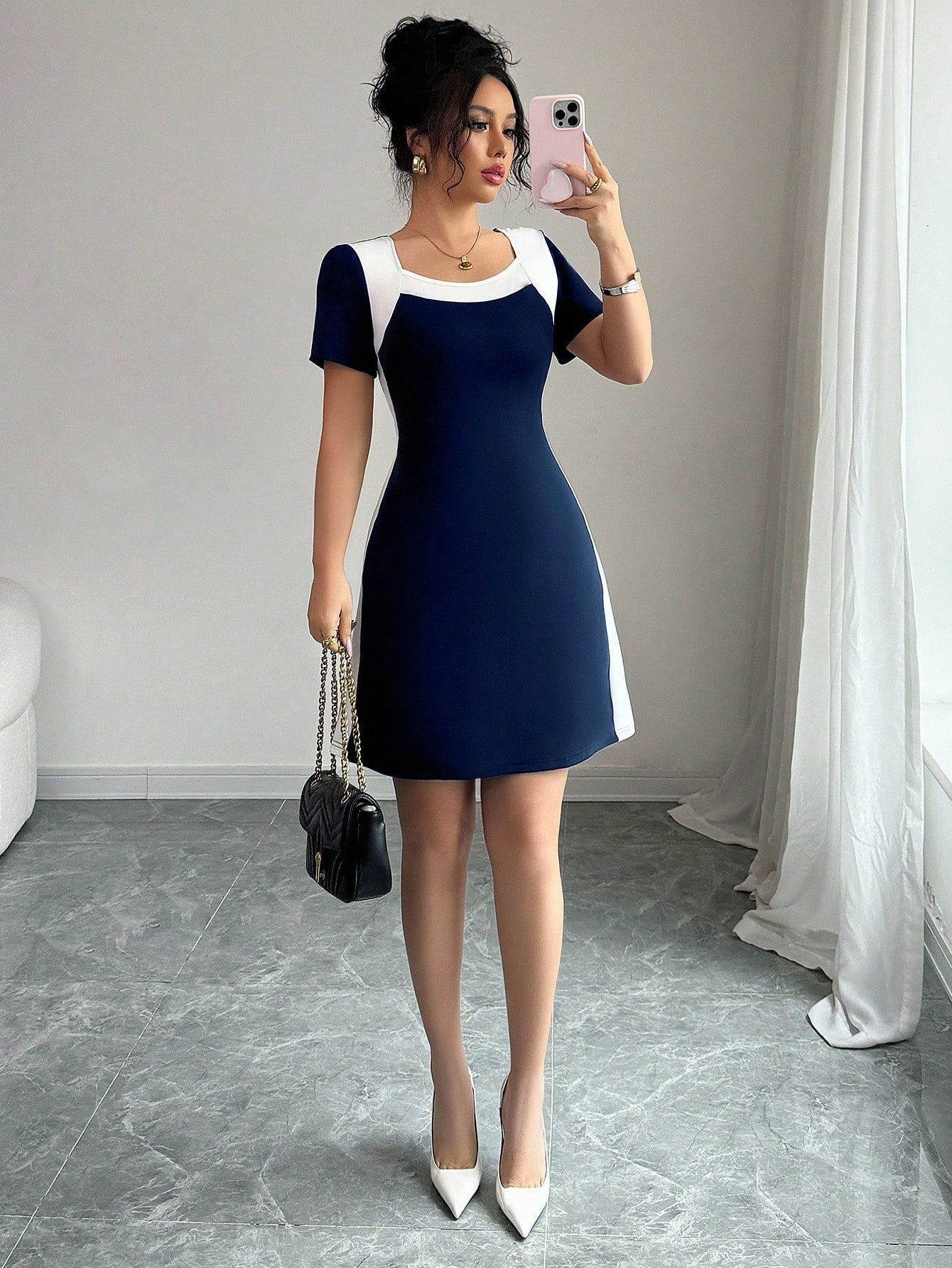 Women’s Woven Fabric Short Sleeve Dress, Square Neck Design, 1 Piece, For Spring and Summer Wear