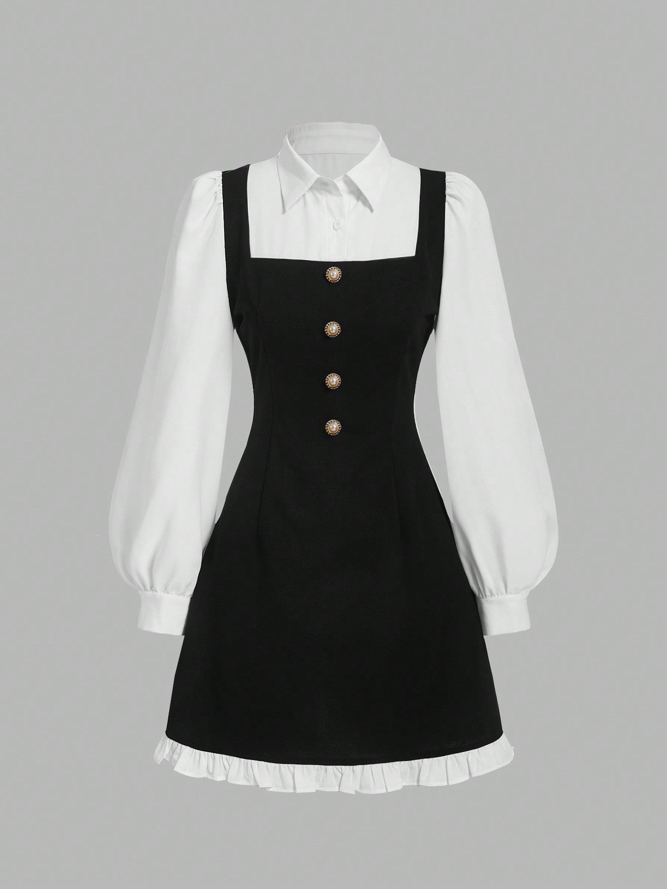 Women’s Woven Fabric A-Line Dress, Long Sleeve Collared Design, Color Block Detail with Tie Accent, 1 Piece, For Work and Daily Wear