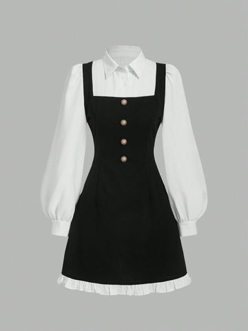 Women’s Woven Fabric A-Line Dress, Long Sleeve Collared Design, Color Block Detail with Tie Accent, 1 Piece, For Work and Daily Wear