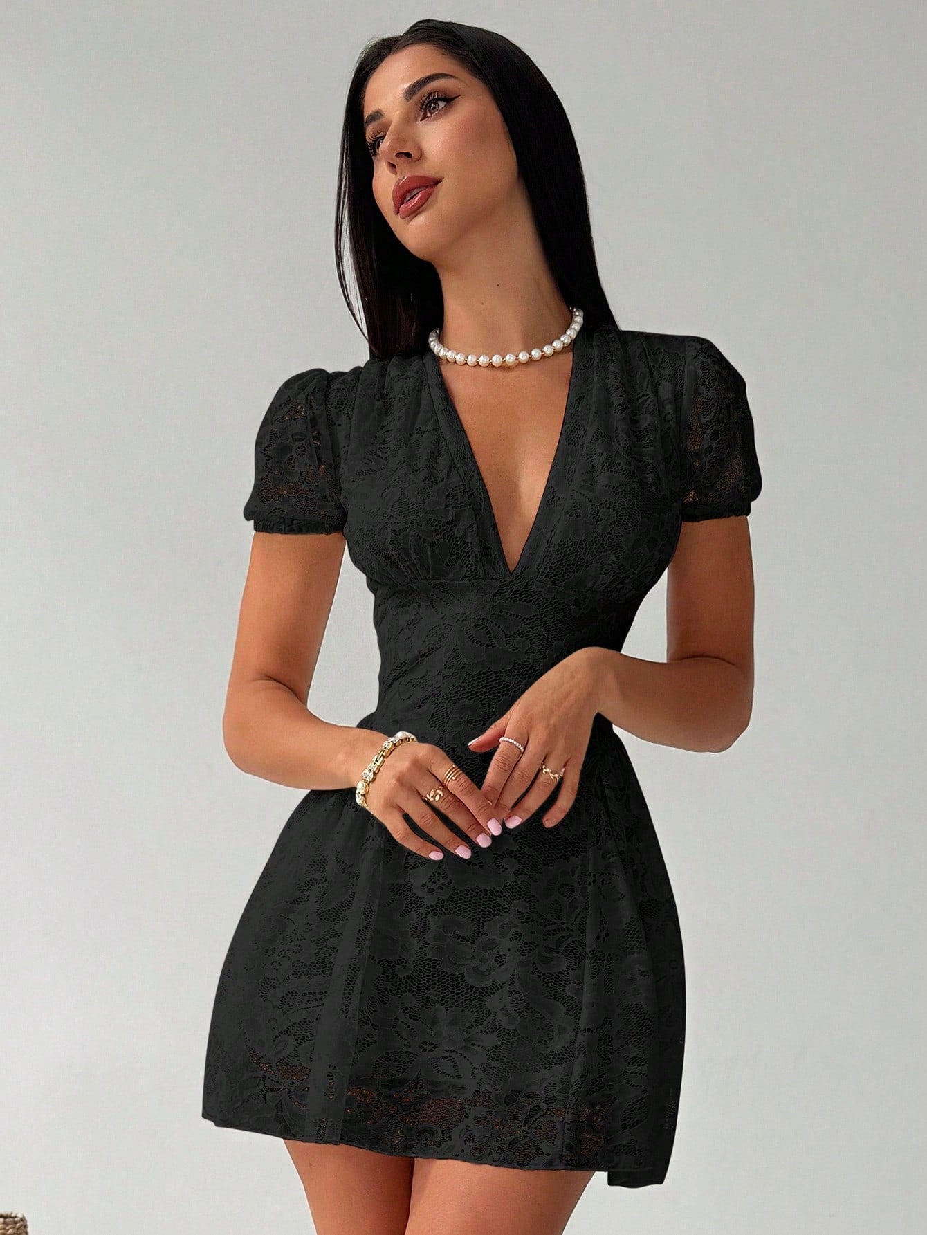 Women’s Woven Fabric Mini Dress, V-Neck Design with Puff Sleeve and Lace Detail, 1 Piece, For Spring and Summer Wear