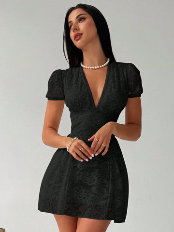Women’s Woven Fabric Mini Dress, V-Neck Design with Puff Sleeve and Lace Detail, 1 Piece, For Spring and Summer Wear