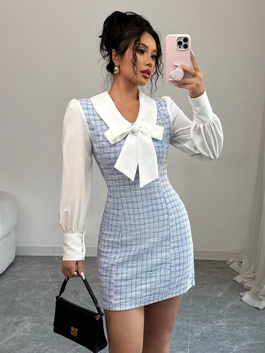 Contrast Color Panel Dress with Bow Detail Two Layer Design for Everyday Styling