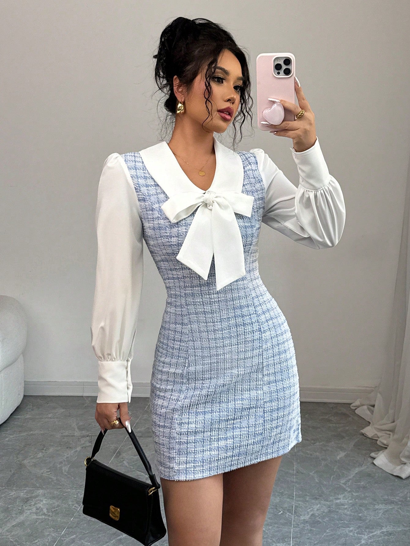 Contrast Color Panel Dress with Bow Detail Two Layer Design for Everyday Styling