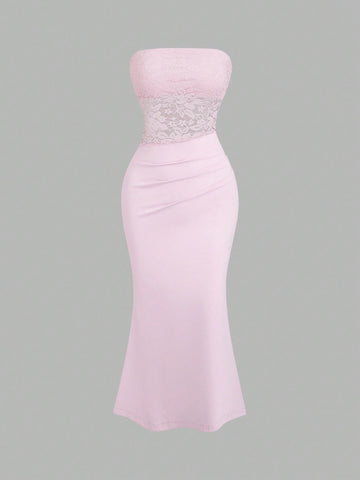 Women’s Pink Halter Neck Long Dress with Flared Hem, Single Piece, For Daily Styling