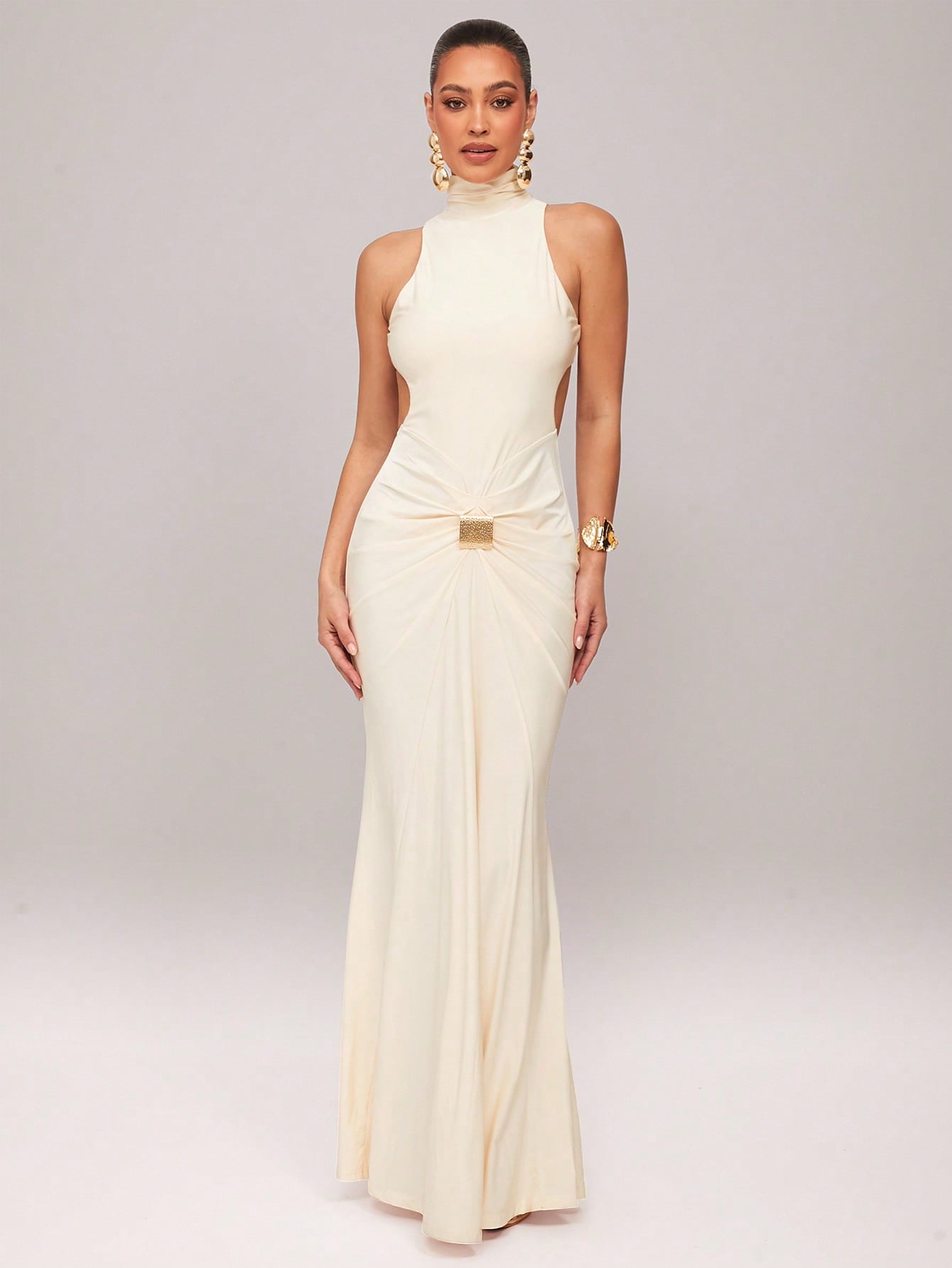 High Neck Long Sleeve Backless Knit Maxi Dress with Metal Buckle Decor for Cocktail, Formal, and Evening Events