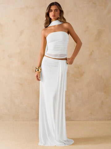 2-Piece Pleated Bandeau Top and Low-Waist Pleated Flounce Maxi Skirt Set in Mesh Fabric for Beach and Vacation Wear