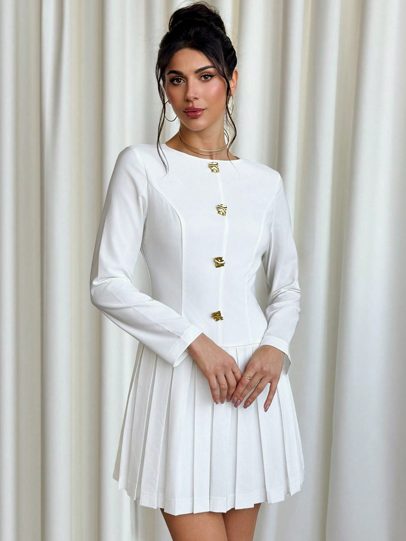 Women’s Woven Fabric A-Line Mini Dress, Long Sleeve Round Neck Design, Pleated Hem Detail, 1 Piece, For Work and Daily Wear