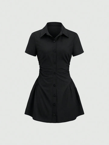 Solid Color Shirt Dress Neutral Color Single Piece Short Sleeve Design For Casual Wear