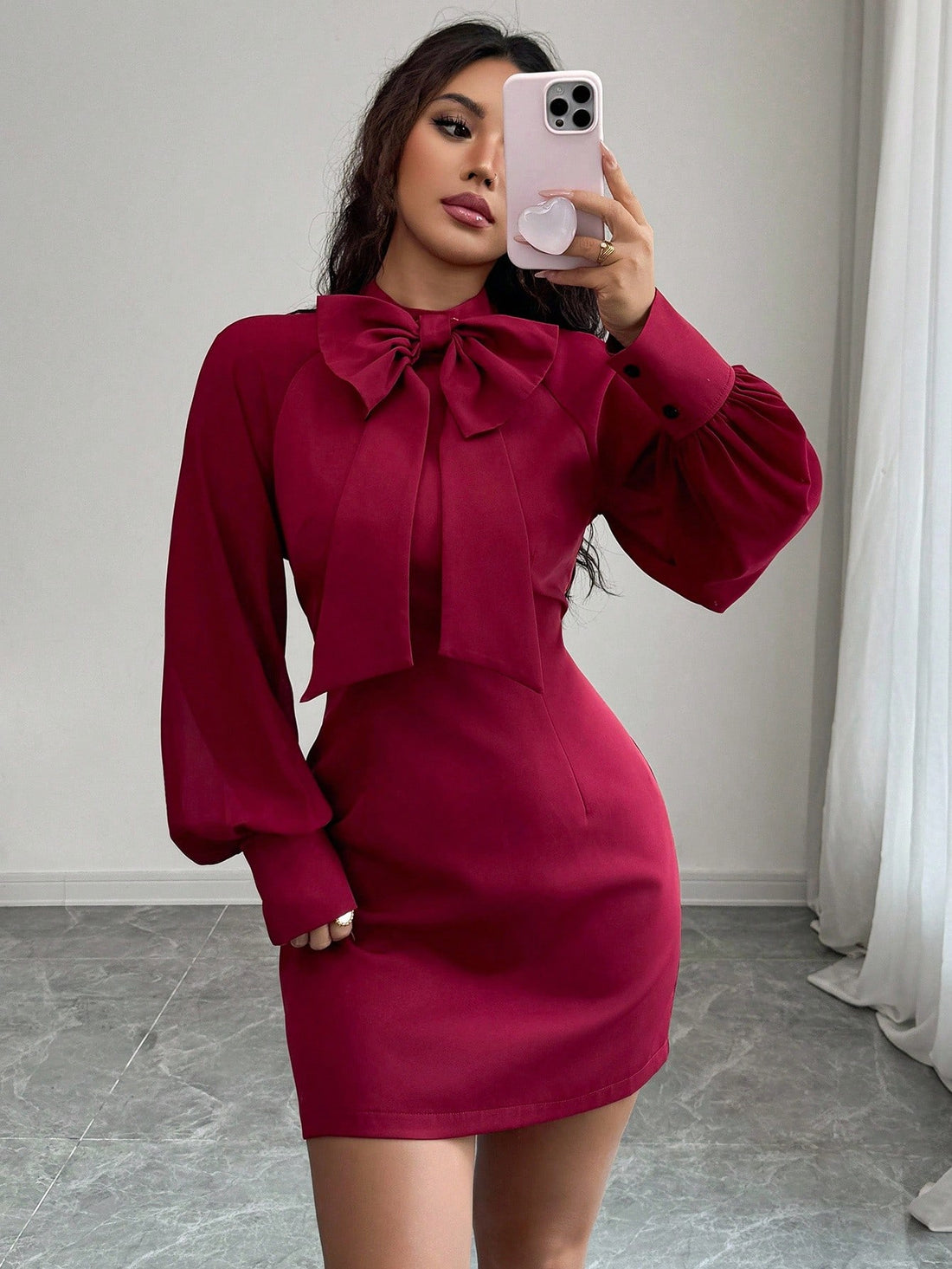 Bow Knot Collar Lantern Sleeve Mini Dress with Clean Structured Design for Everyday Wear