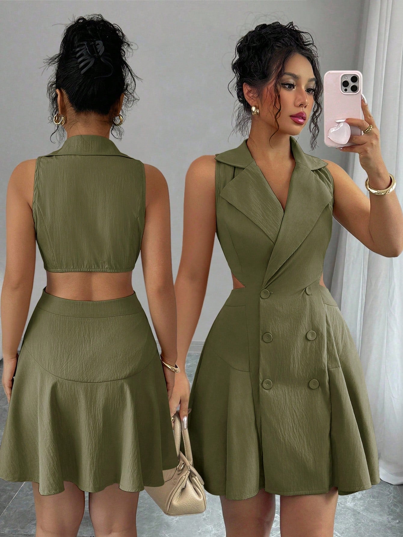 Women’s Woven Fabric Sleeveless Dress, Double Breasted Design, Solid Pattern, 1 Piece, For Commuting and Daily Wear
