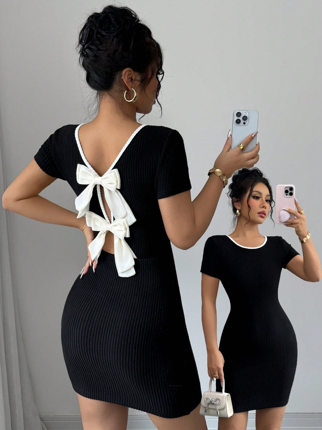 French Style Short Sleeve Mini Dress with Tie Back Detail and Clean Design for Everyday Wear